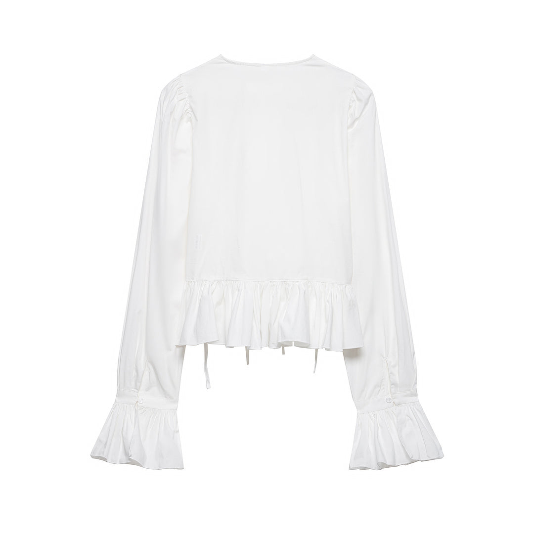 Damen Kurze geraffte Bluse mit Kordelzug, Rüschen und Ballonärmeln Drune