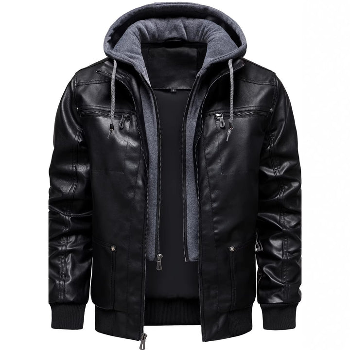 Herren Sportliche Lederjacke mit Kapuze Drune