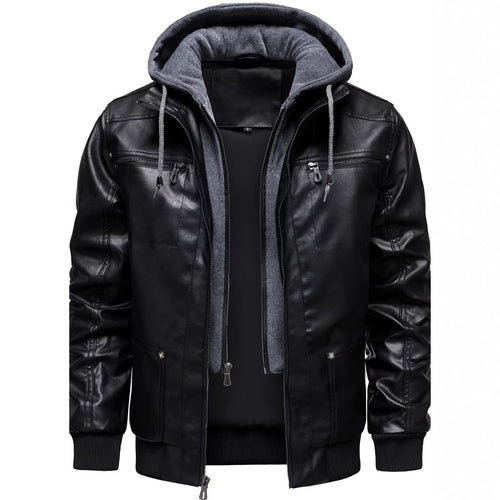 Herren Sportliche Lederjacke mit Kapuze Drune