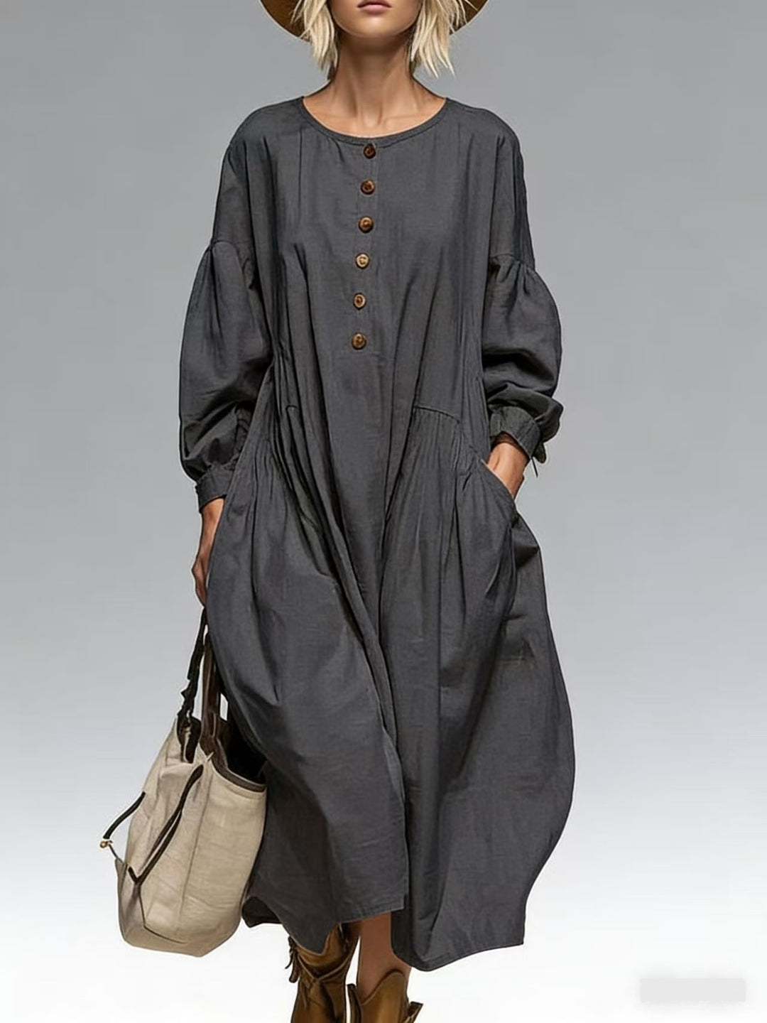 Damen Lässiges Midi-Kleid mit Knopfleiste, Ballonärmeln und Eingrifftaschen Drune