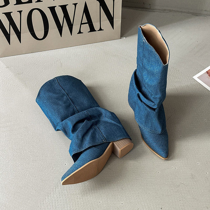 Damen Mid‑Calf Slouch‑Boots aus Denim mit spitzer Zehenpartie und mittelhohem Blockabsatz Drune