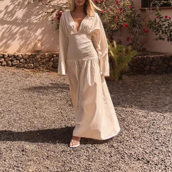 Damen Langes Boho-Maxi-Kleid mit Smock-Taillenband, tiefem V‑Ausschnitt und weiten Ballonärmeln Drune