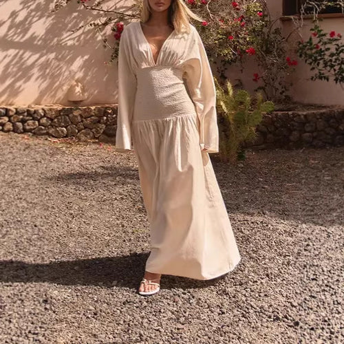 Damen Langes Boho-Maxi-Kleid mit Smock-Taillenband, tiefem V‑Ausschnitt und weiten Ballonärmeln Drune