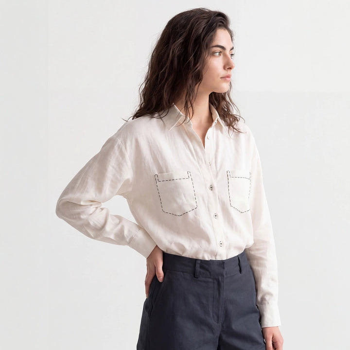 Damen Modische Langarmbluse mit Brusttaschen Drune
