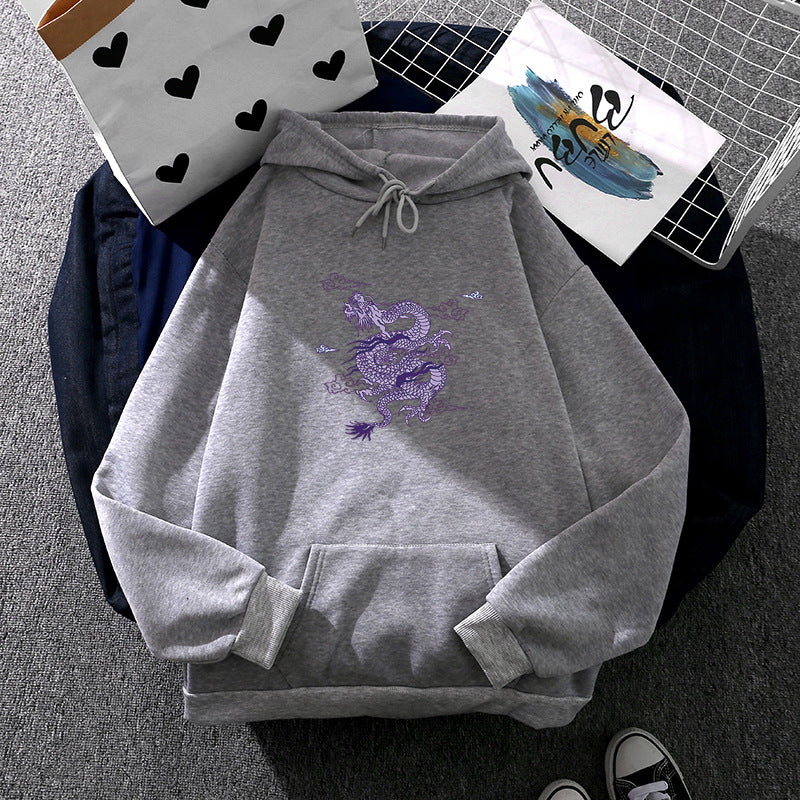 Unisex nan oversized Kapuzensweatshirt mit detailliertem Drachendruck, angerautem Fleece-Innenfutter und Känguru-Tasche Drune