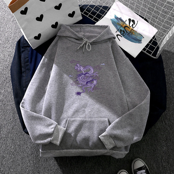 Unisex nan oversized Kapuzensweatshirt mit detailliertem Drachendruck, angerautem Fleece-Innenfutter und Känguru-Tasche Drune