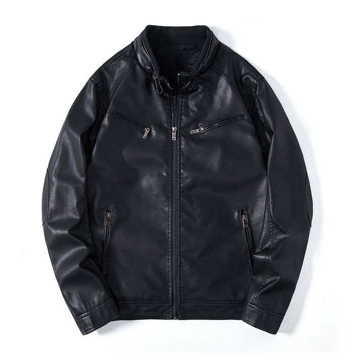 Herren Elegante Kunstleder‑Blousonjacke mit Stehkragen, Reißverschlusstaschen und wärmendem Innenfutter Drune