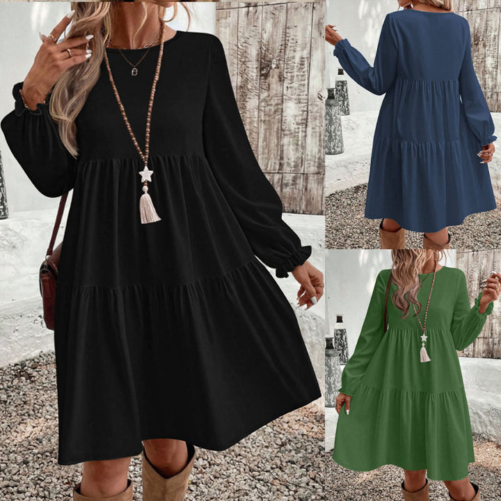 Damen Stufiges Babydoll‑Kleid mit langen Ballonärmeln und Rüschenbündchen Drune
