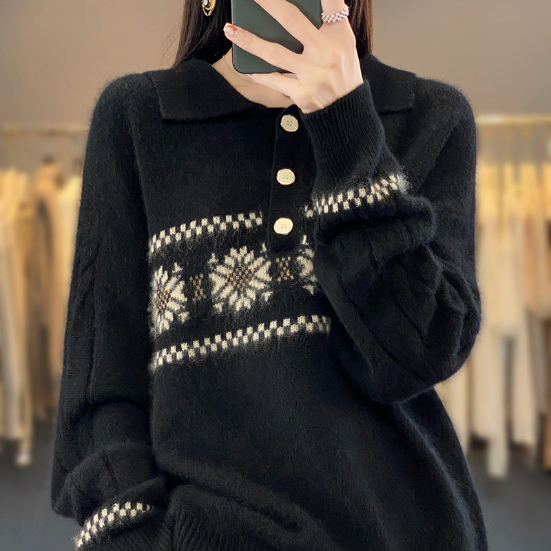 Damen Oversize-Polokragen-Strickpullover mit Norweger‑Motiv und Raglanärmeln Drune