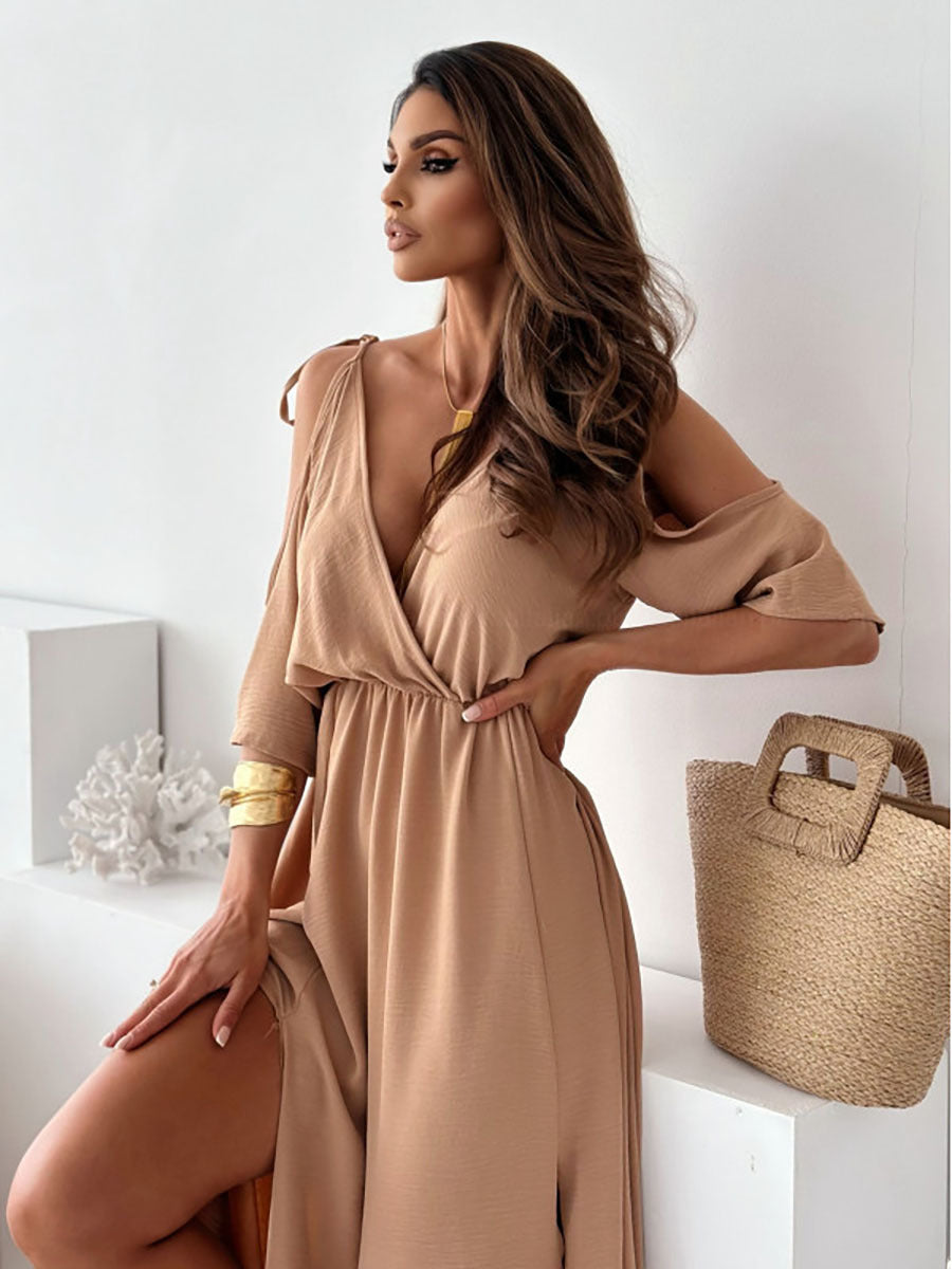 Damen Maxikleid mit schulterfreier Optik und elegantem V-Ausschnitt Drune