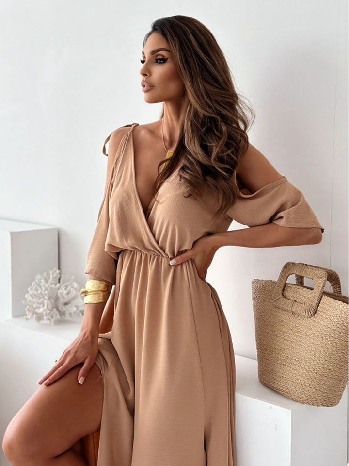 Damen Maxikleid mit schulterfreier Optik und elegantem V-Ausschnitt Drune