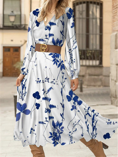 Damen Maxikleid mit floralen Mustern und eleganter V-Ausschnitt-Detailierung Drune