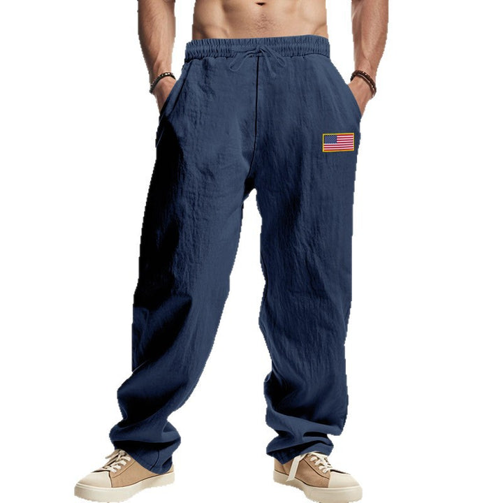 Herren Maritime Relaxed‑Fit Leinenoptik-Freizeithose mit Tunnelzug & Flaggen-Patch Drune