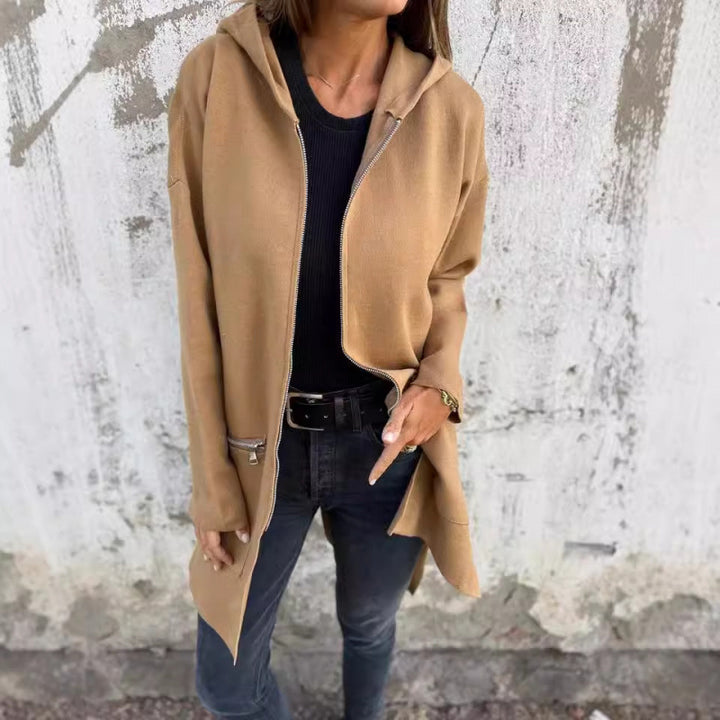 Damen Mittellanger Mantel mit durchgehendem Reißverschluss und Zipper-Taschendetails Drune