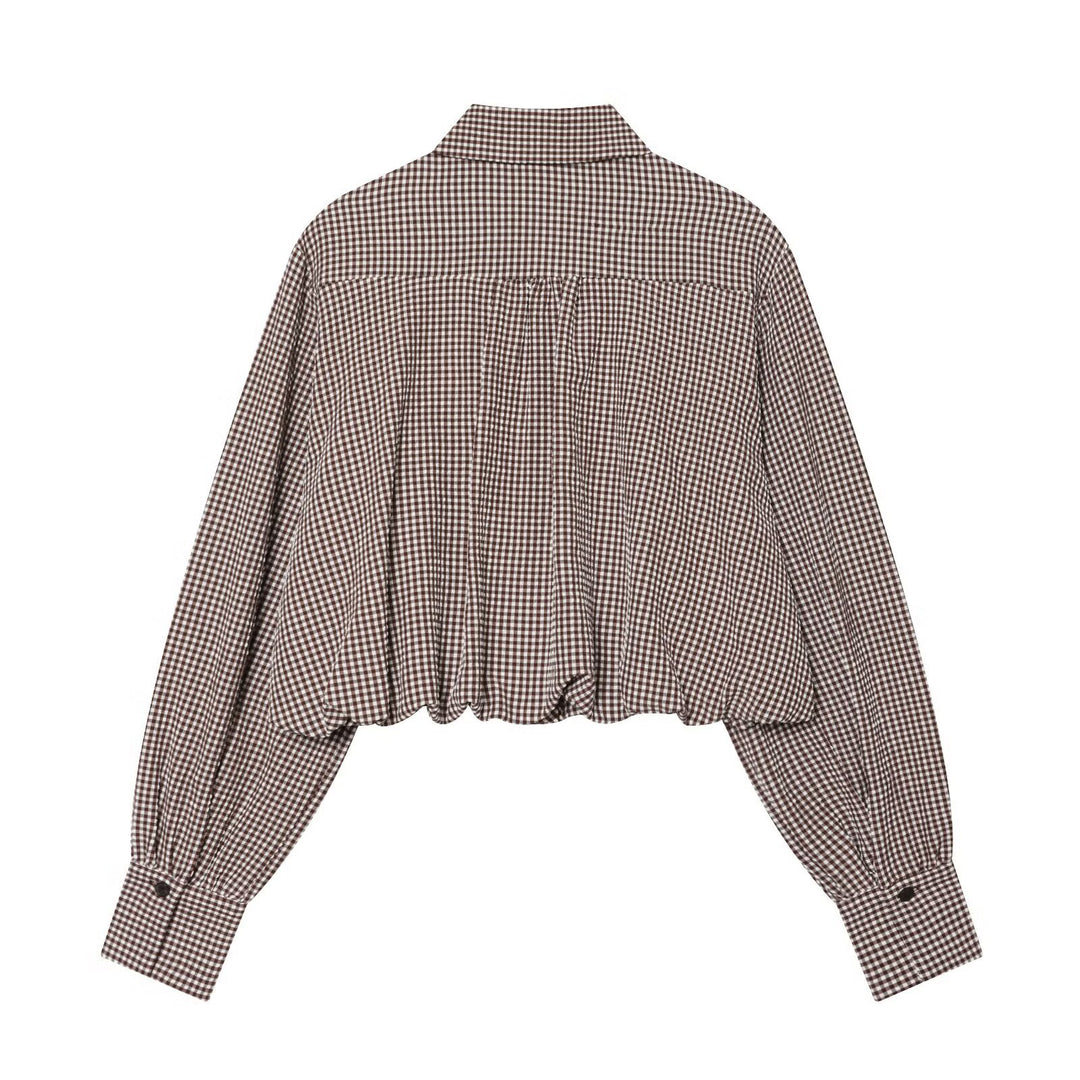 Damen Karo-Cropped-Hemdbluse mit Ballonärmeln, Brusttasche und elastischem Saum Drune