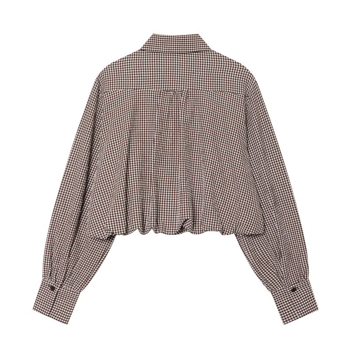 Damen Karo-Cropped-Hemdbluse mit Ballonärmeln, Brusttasche und elastischem Saum Drune