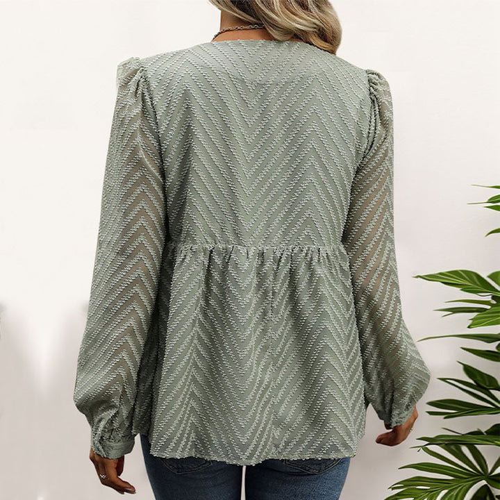 Damen Chiffon-Peplum-Bluse mit Chevron-Struktur, geraffter Empire-Taille & Knopfleiste Drune