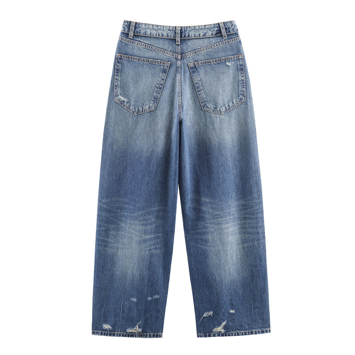 Damen nan weite Jeans mit hohem Bund abgetragenem Look geradem Bein und Fransenrissen Drune
