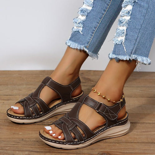 Damen Komfort-Sandalen mit Soft-Leder, geflochtenem Vorderblatt und verstellbarem Klettverschluss Drune