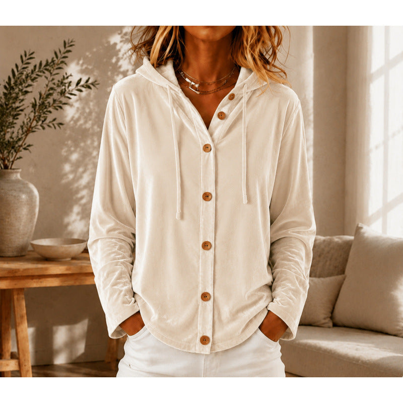 Damen Velours-Hemdjacke mit Kapuze und Knopfleiste Drune