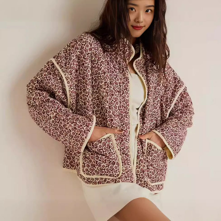 Damen 600+ gesteppte bestickte Taillengürtel‑Jacke mit floralem Muster und Stehkragen Drune