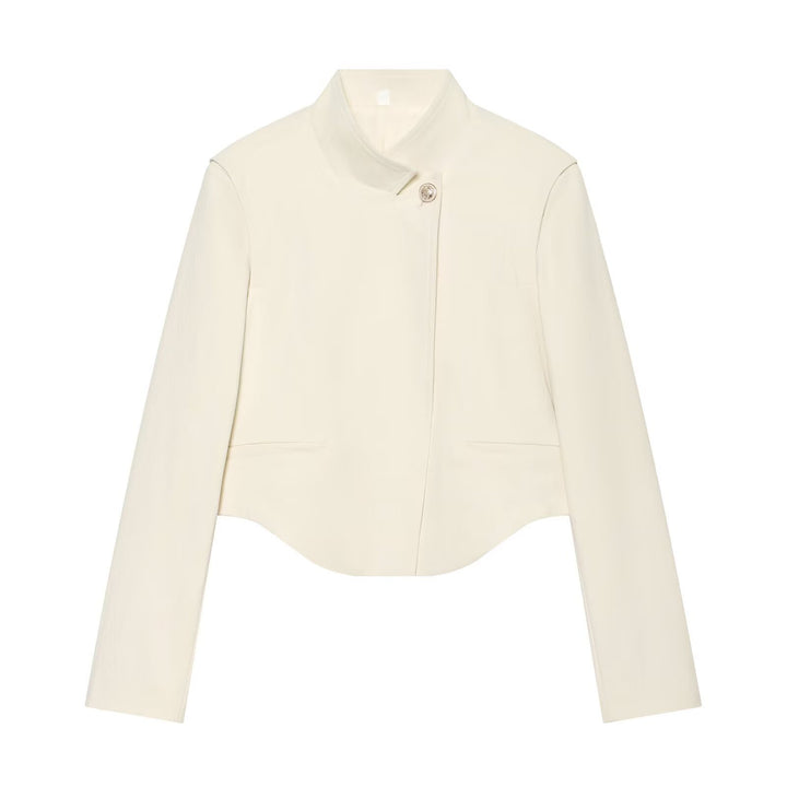 Damen Kurze Tailleurjacke mit Stehkragen, asymmetrischem Saum und Nahttaschen Drune