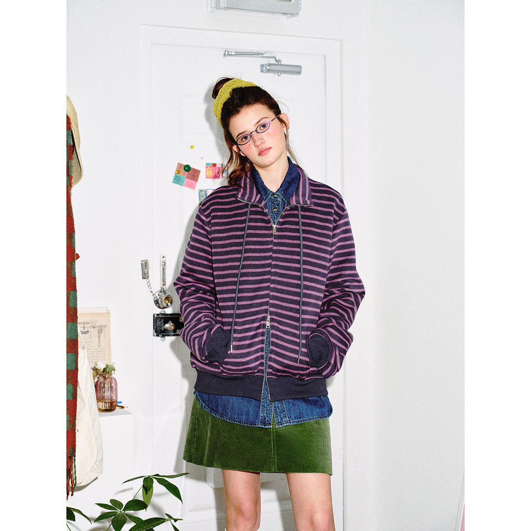 Damen Gestreifte Sweatjacke im Boxy‑Cut mit hohem Stehkragen, Zwei-Wege-Reißverschluss und Kängurutasche Drune