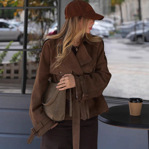 Damen Kurz geschnittener Veloursleder‑Trenchjacke mit Taillengürtel und verstellbaren Manschetten Drune