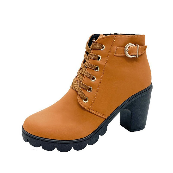 Damen nan elegante Schnür-Stiefelette mit mittlerem Blockabsatz, profilierter Gummilaufsohle und dekorativer Metallschnalle Drune