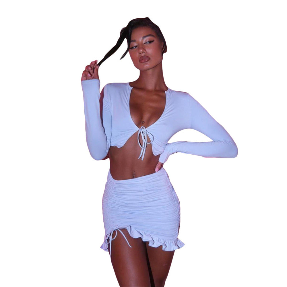 Damen Crop-Top und Mini-Rock Set mit Raffung und romantischem Volant Drune