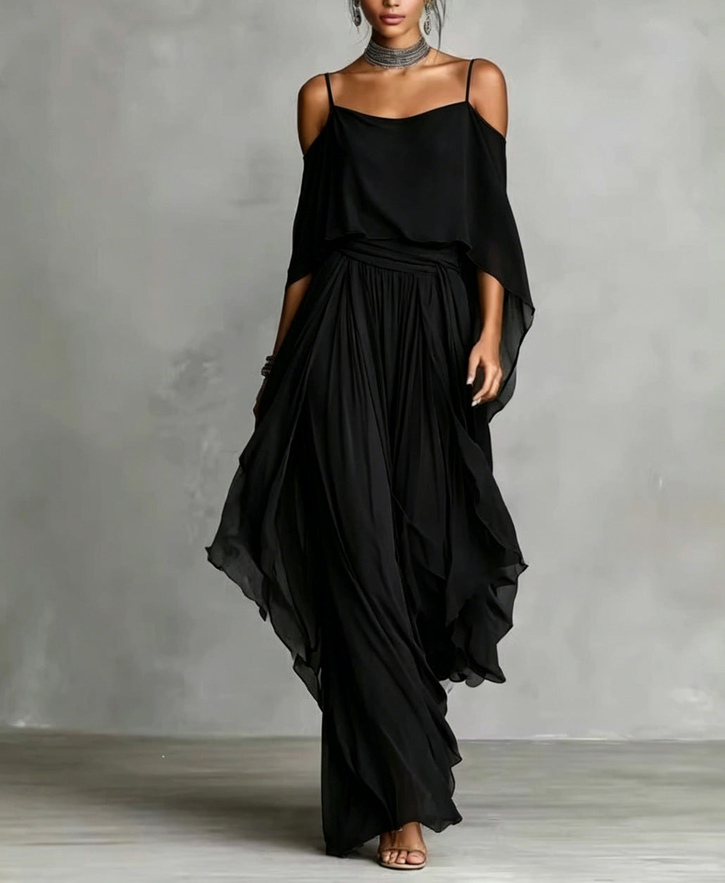 Damen Lange Chiffon Maxi Kleid mit Kaltem Schulter, Spaghetti-Träger und Geschichtetem Cape Drune