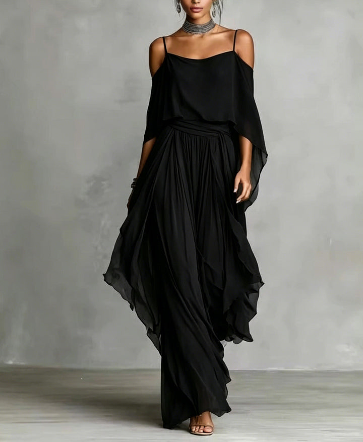Damen Lange Chiffon Maxi Kleid mit Kaltem Schulter, Spaghetti-Träger und Geschichtetem Cape Drune