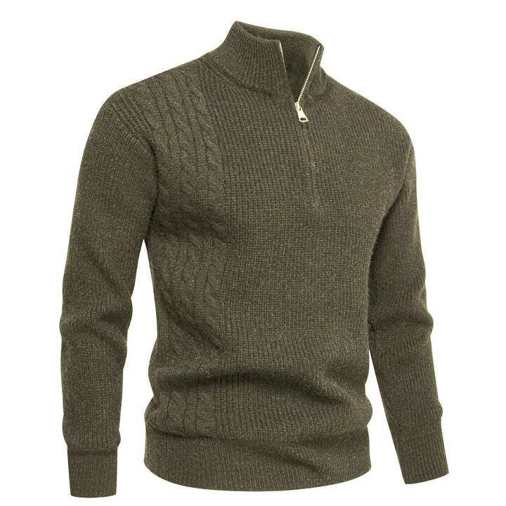 Herren Feinstrick-Halbzip-Pullover mit Stehkragen, Rippstruktur und Schulter-Zopfdetail Drune
