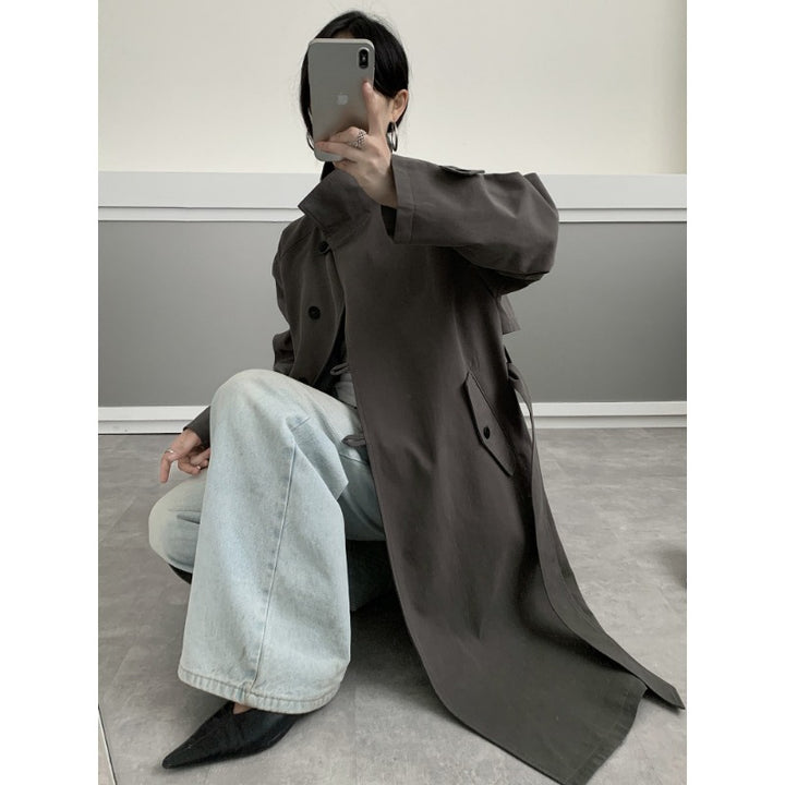 Damen Midilanger Trenchcoat mit hohem Stehkragen, Bindegürtel und lässiger Oversize-Silhouette Drune