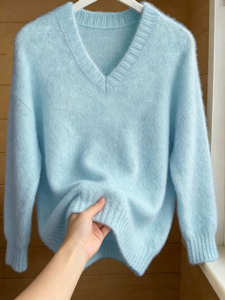 Damen Flauschiger Mohair-Mix Oversize-Pullover mit tiefem V-Kragen Drune