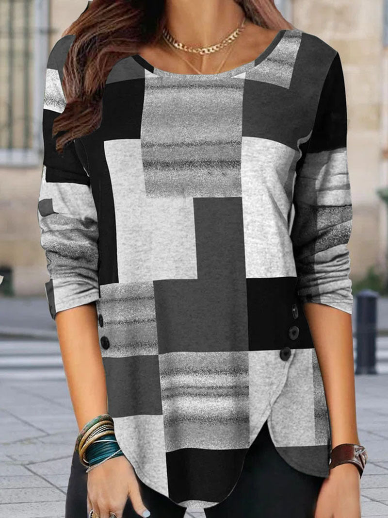 Damen gemustertes Langarm-Tunika-Shirt mit asymmetrischem Saum und dekorativer Knopfleiste Drune