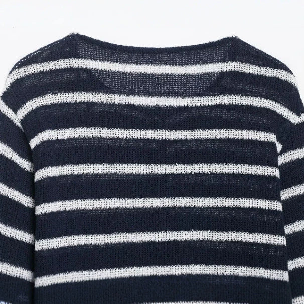 Damen Gestreifter Feinstrickpullover mit Rückknöpfung und U‑Boot‑Ausschnitt Drune