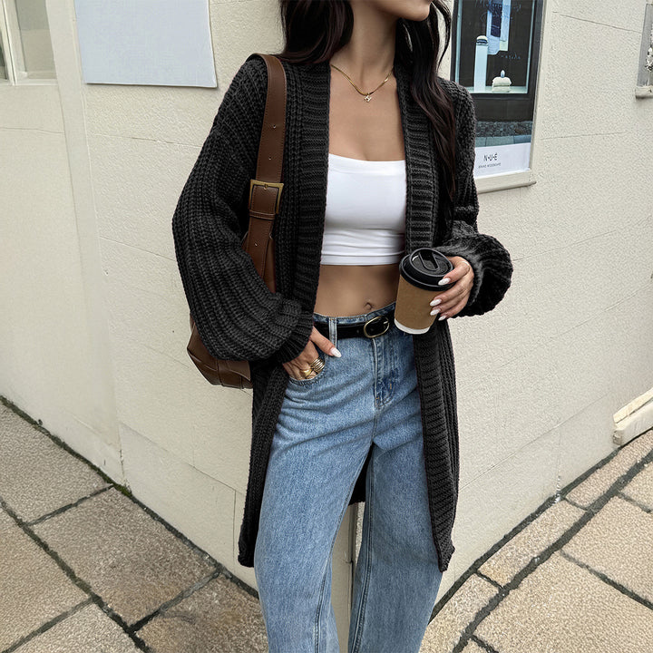 Damen nan lange Grobstrick-Cardigan mit offener Front und Ballonärmeln Drune