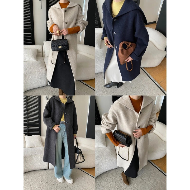 Damen eleganter Langmantel mit großer Kapuze und Knopfdetails Drune