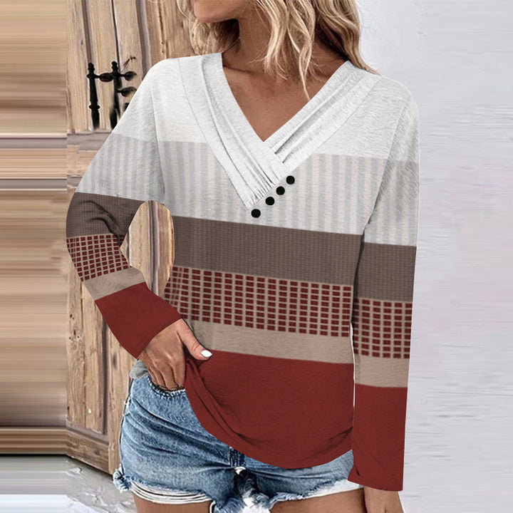 Damen Gerippter V-Ausschnitt Pullover mit Farbverlauf, Zierknöpfen und legerer Passform Drune