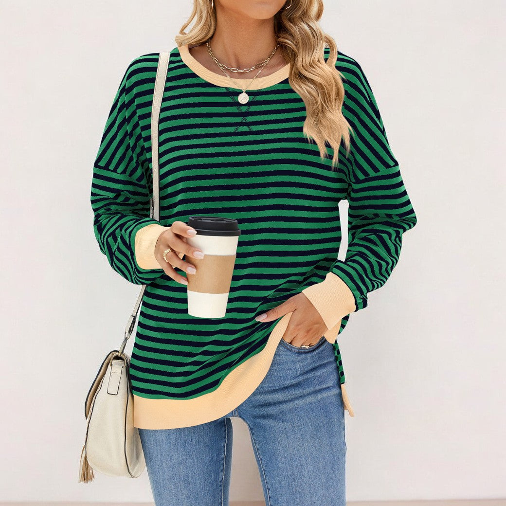 Drune | Locker T-Shirt mit Streifen und langen Ärmeln Lässiger Pullover für Frauen