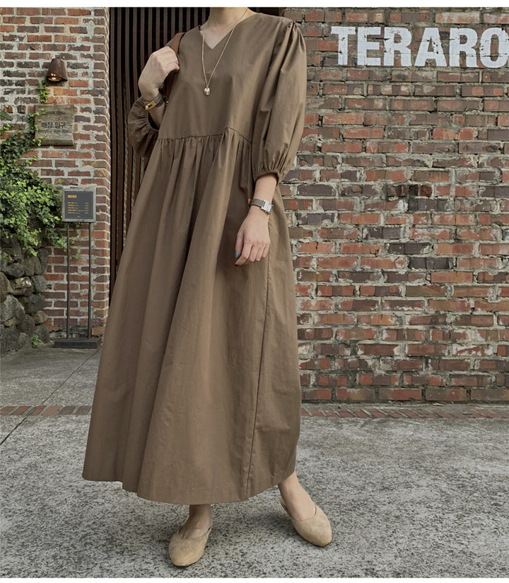 Damen Maxikleid mit V-Ausschnitt, geraffter Taillennaht und voluminösen dreiviertel-Ärmeln Drune