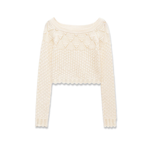 Damen nan gehäkelter Kurzpullover mit weitem Boot-Ausschnitt, feinem Lochstrickmuster und elastischem Bündchen Drune