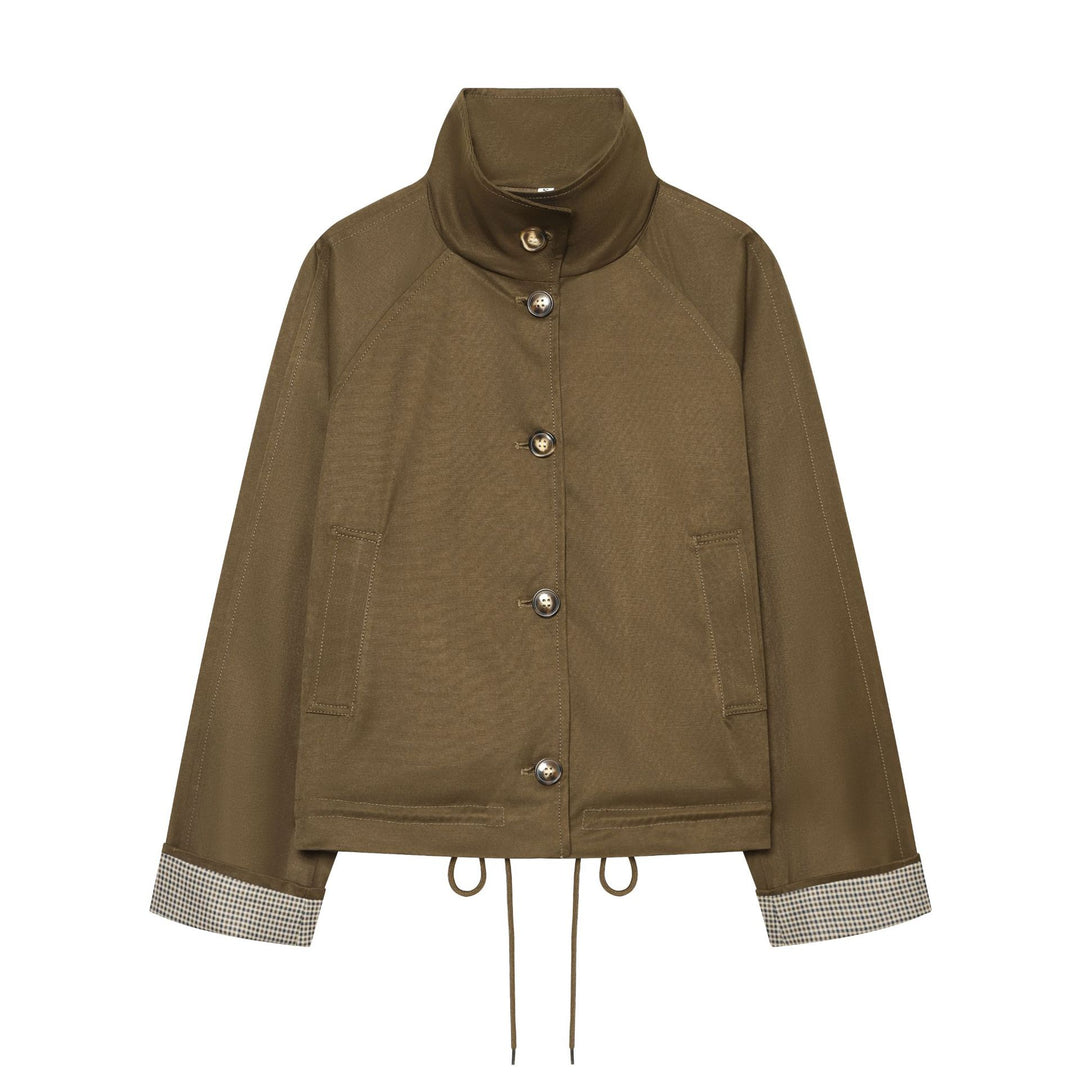 Damen Cropped Field‑Jacke im Utility‑Look mit hohem Stehkragen und Kordelzug Drune