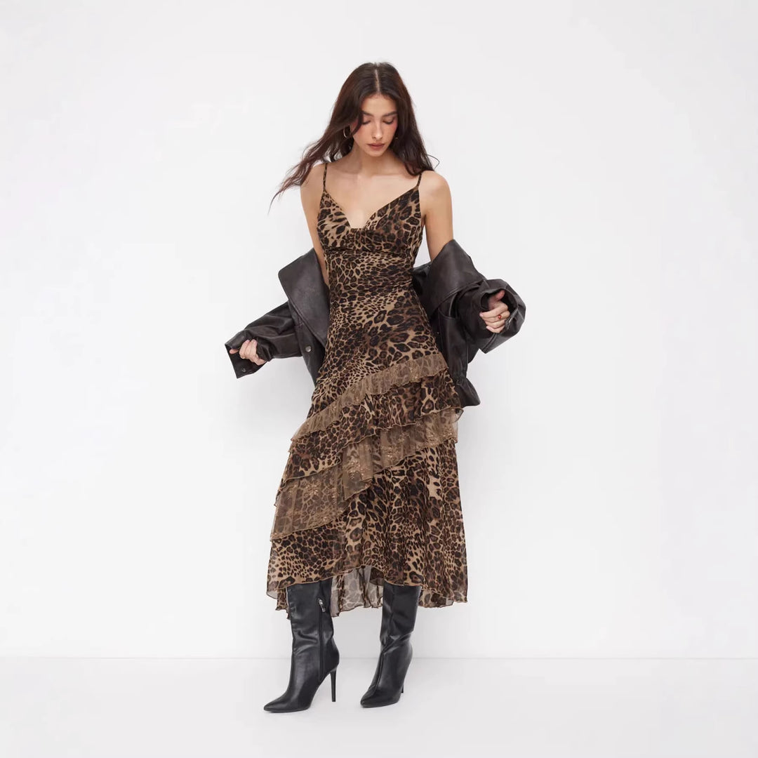Damen elegantes Midikleid mit asymmetrischem Volant und Animal-Print Drune