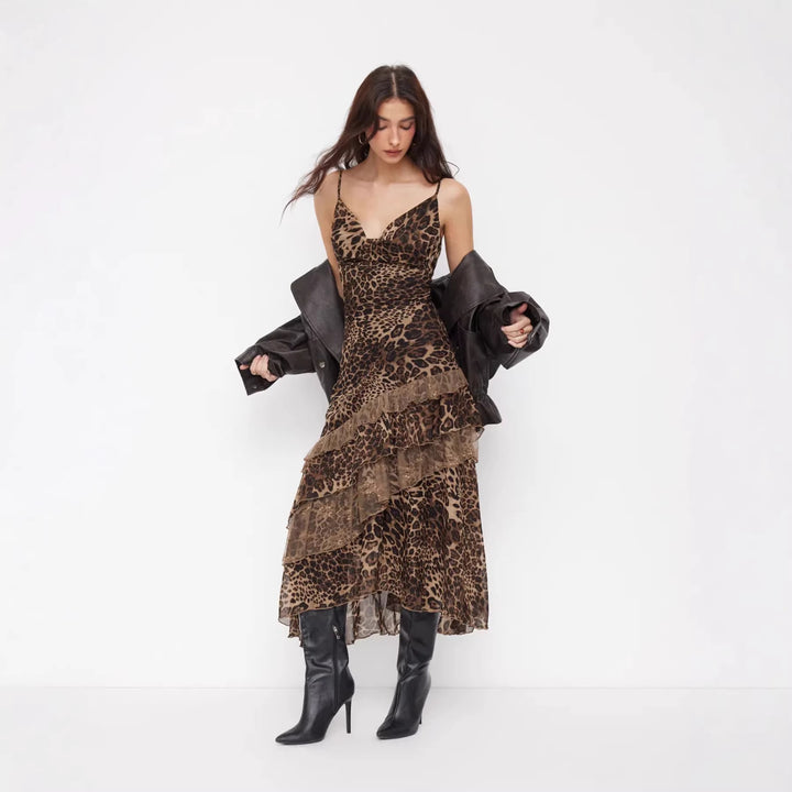 Damen elegantes Midikleid mit asymmetrischem Volant und Animal-Print Drune