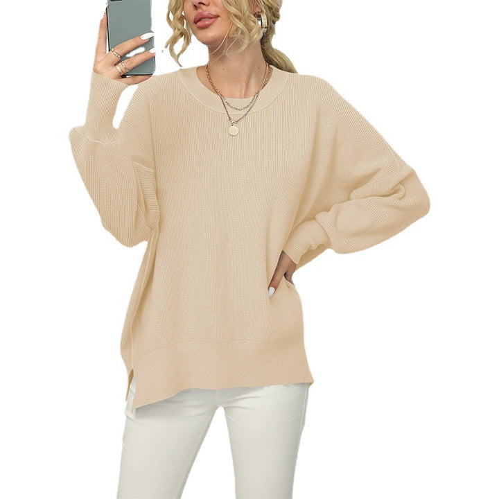Damen Oversize-Feinstrickpullover mit Rundhalsausschnitt, überschnittener Schulter und Seitenschlitzen Drune