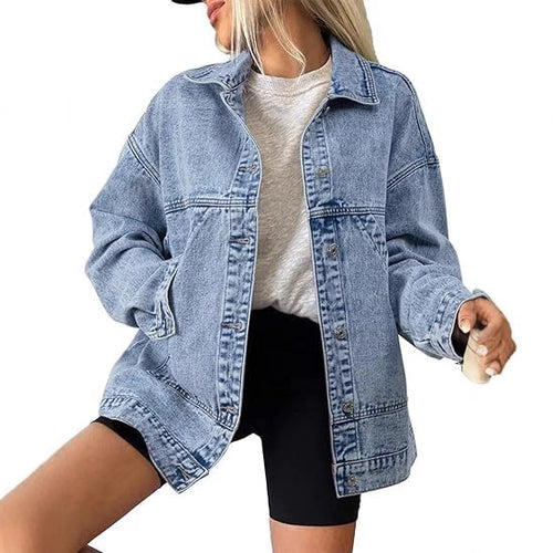 Damen Oversize Jeansjacke mit tiefer Passe, geradem Saum und Vintage‑Waschung Drune