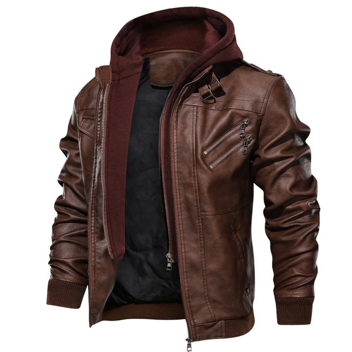 Herren Lederoptik-Utility-Jacke mit Kapuze, Reißverschlusstaschen und Rippbündchen Drune