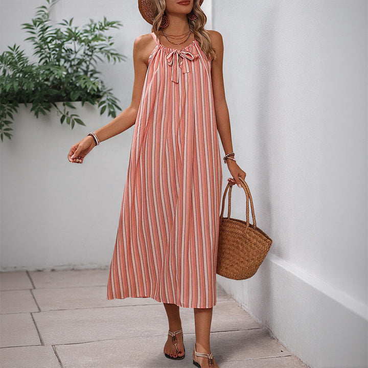 Damen Maxikleid mit zartem Bindegürtel und eleganten Streifen Drune